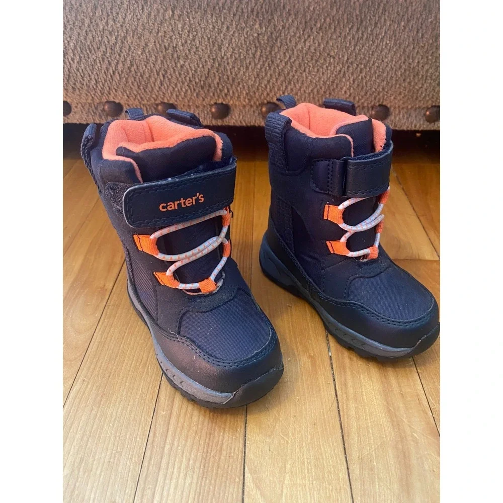 Carters Navy Blue/Orange Toddler Winter Boot w/ hook & loop closure. Size 6M. F1